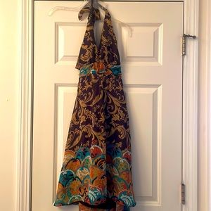 Multicolored halter dress, brown tan cream, aqua, and peach.